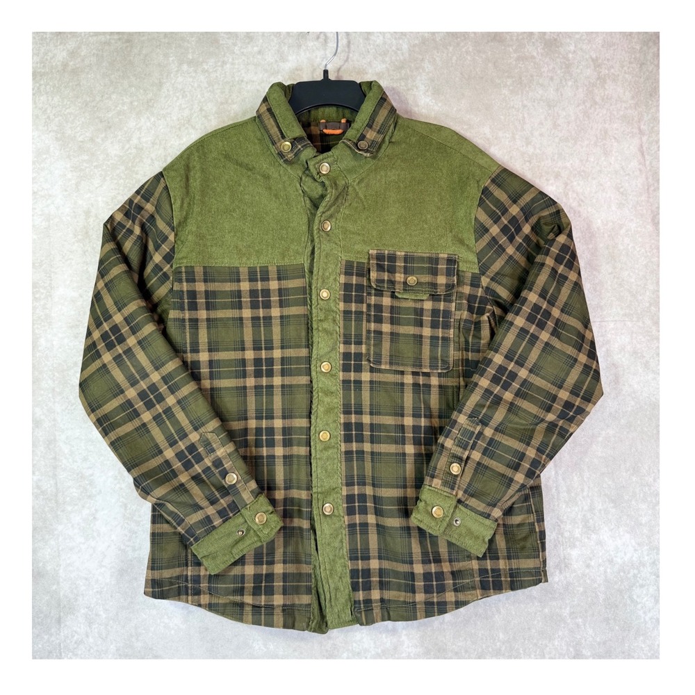 Unbranded Flannel Shacket Men L Green Plaid Fleece Lined Corduroy Gorpcore